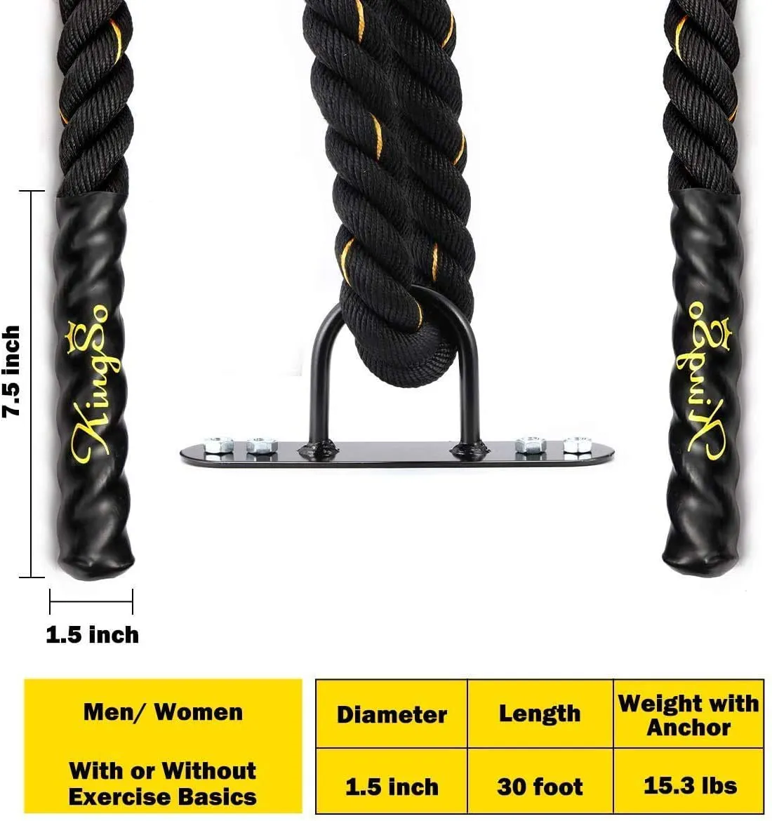 KINGSO Battle Rope 1.5 Inch Heavy Battle Exercise Training Rope 30ft Length Workout Rope 100% Dacron Fitness Rope for Strength Training Home Gym Outdoor Cardio Workout Equipment, Anchor Included