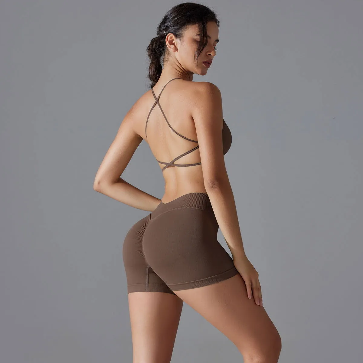 Knitted Peach Hip Lifting Sexy Sling Beautiful Back Yoga Shorts Yoga Fitness Sports Bra Suit