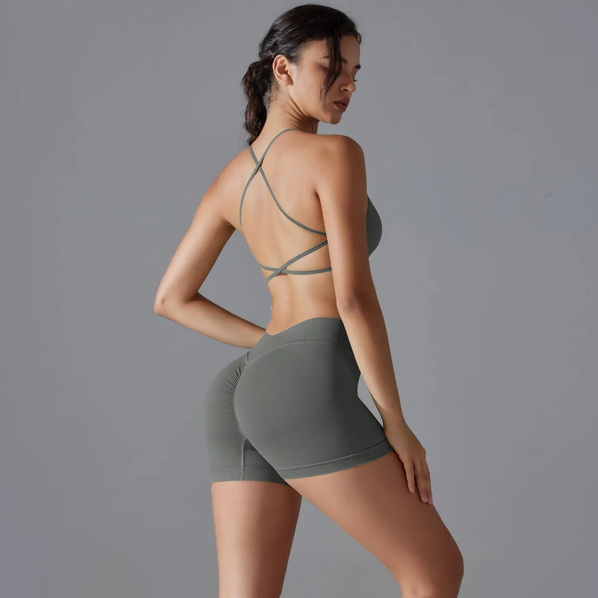 Knitted Peach Hip Lifting Sexy Sling Beautiful Back Yoga Shorts Yoga Fitness Sports Bra Suit