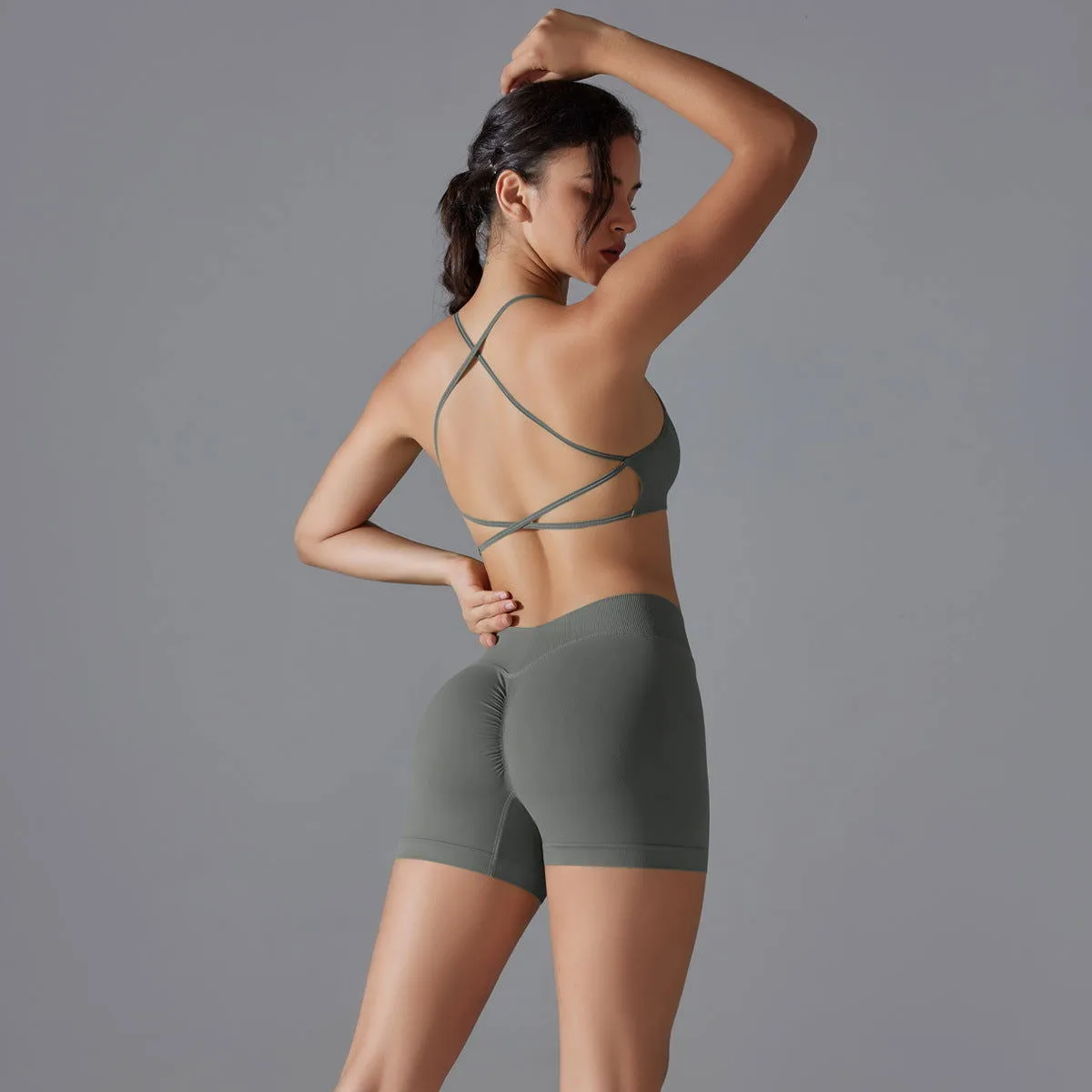 Knitted Peach Hip Lifting Sexy Sling Beautiful Back Yoga Shorts Yoga Fitness Sports Bra Suit
