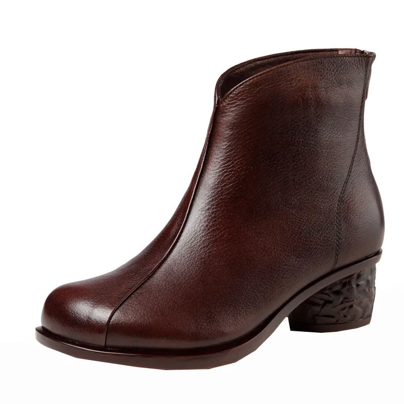 Leather Retro Mid-Heal Chunky Boots