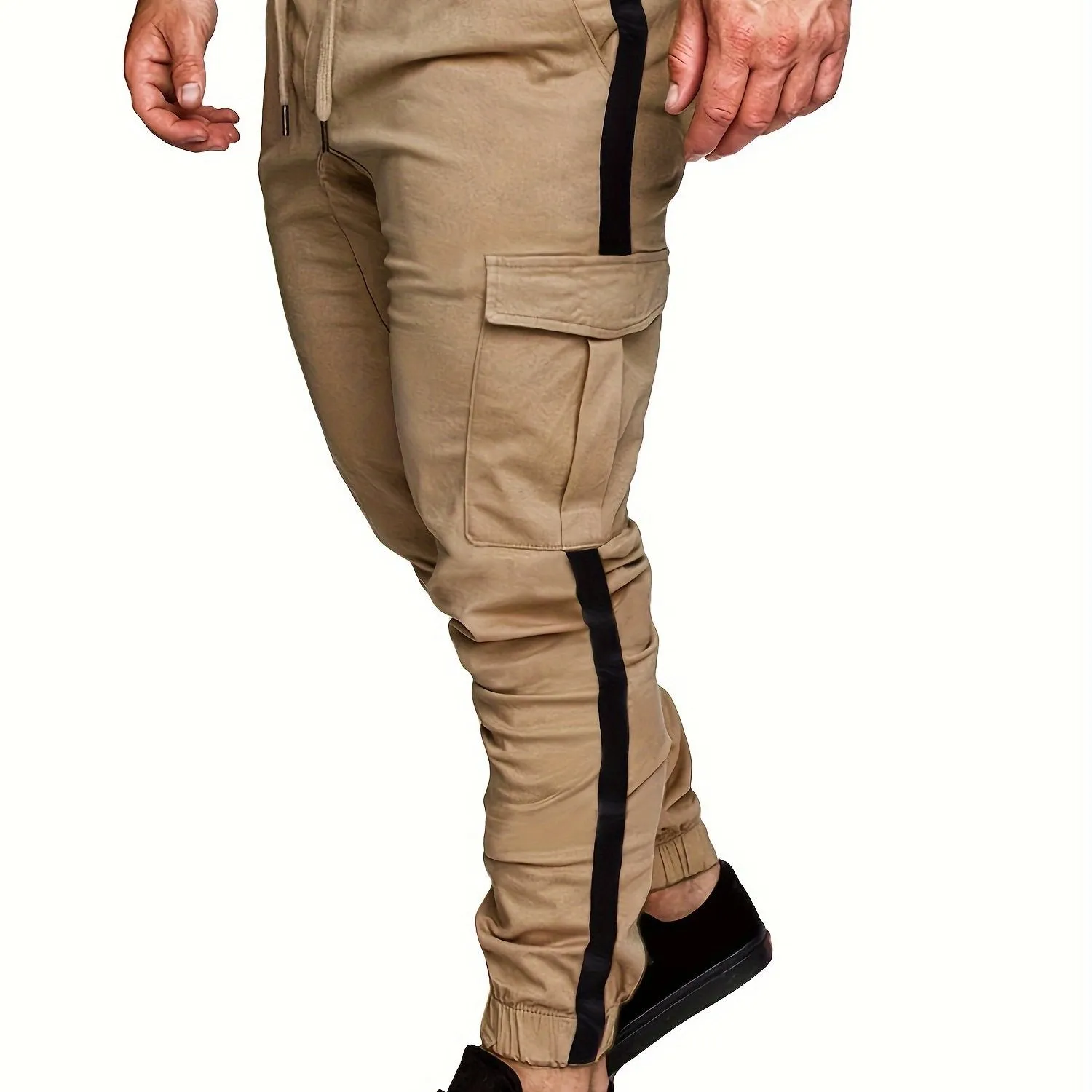 Men's Striped Track Pants With Multi Pockets, Active Drawstring Joggers For Outdoor Activities Gift
