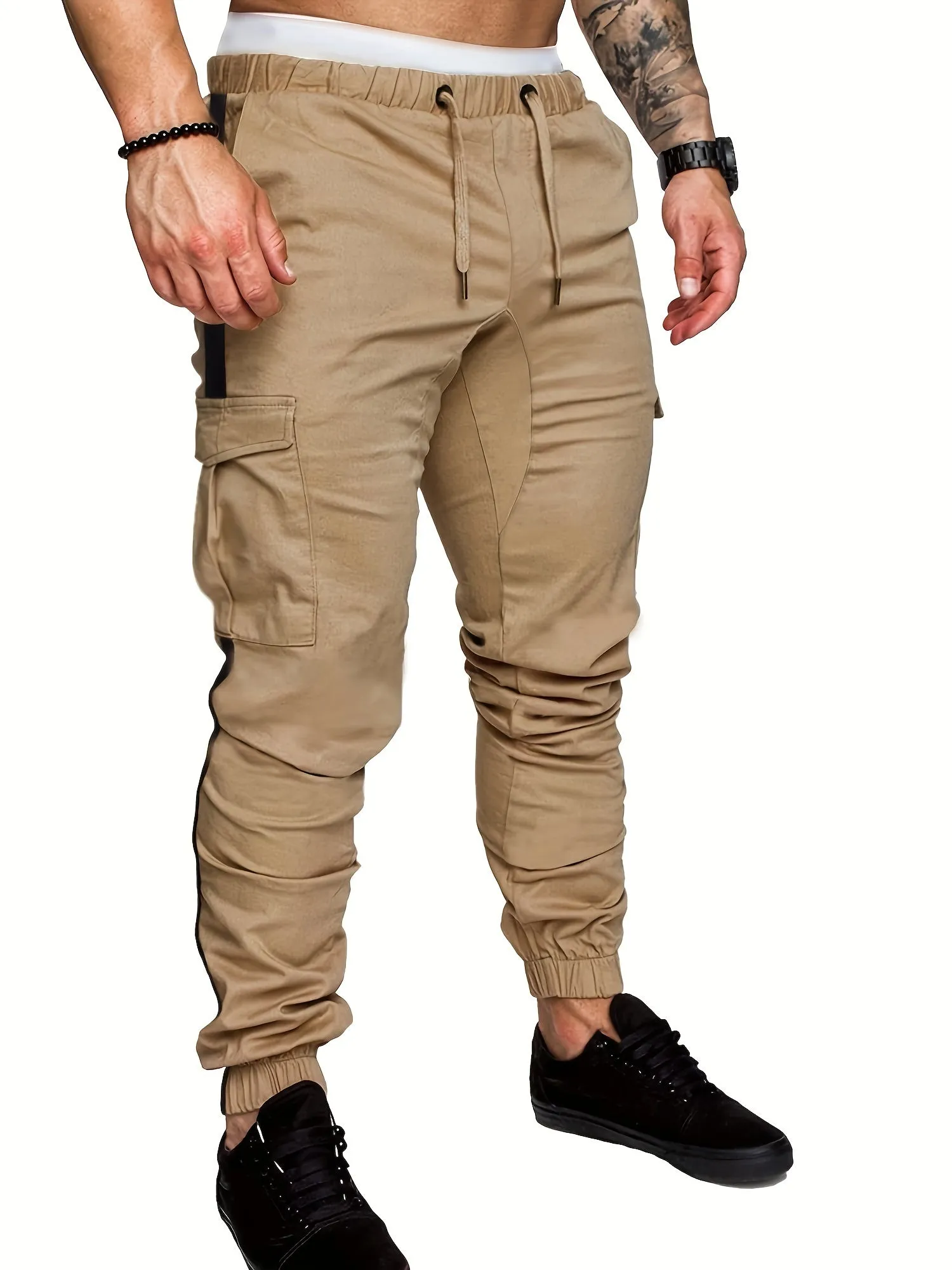 Men's Striped Track Pants With Multi Pockets, Active Drawstring Joggers For Outdoor Activities Gift