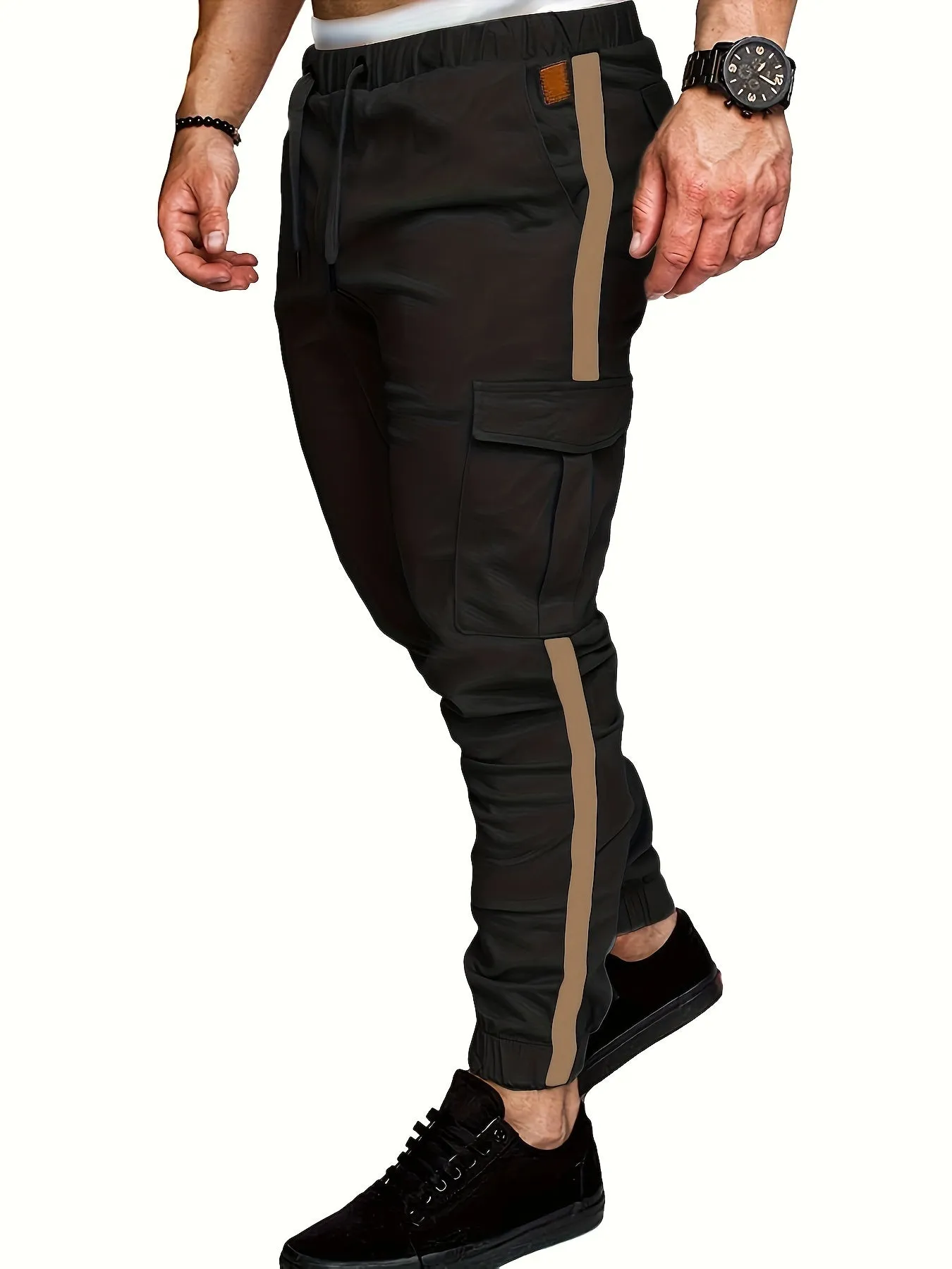 Men's Striped Track Pants With Multi Pockets, Active Drawstring Joggers For Outdoor Activities Gift