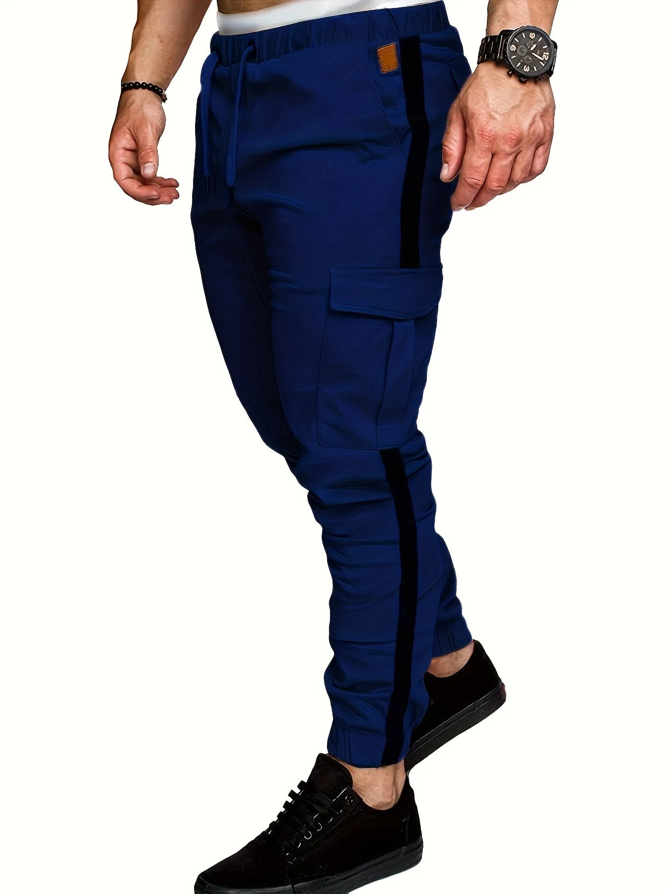 Men's Striped Track Pants With Multi Pockets, Active Drawstring Joggers For Outdoor Activities Gift