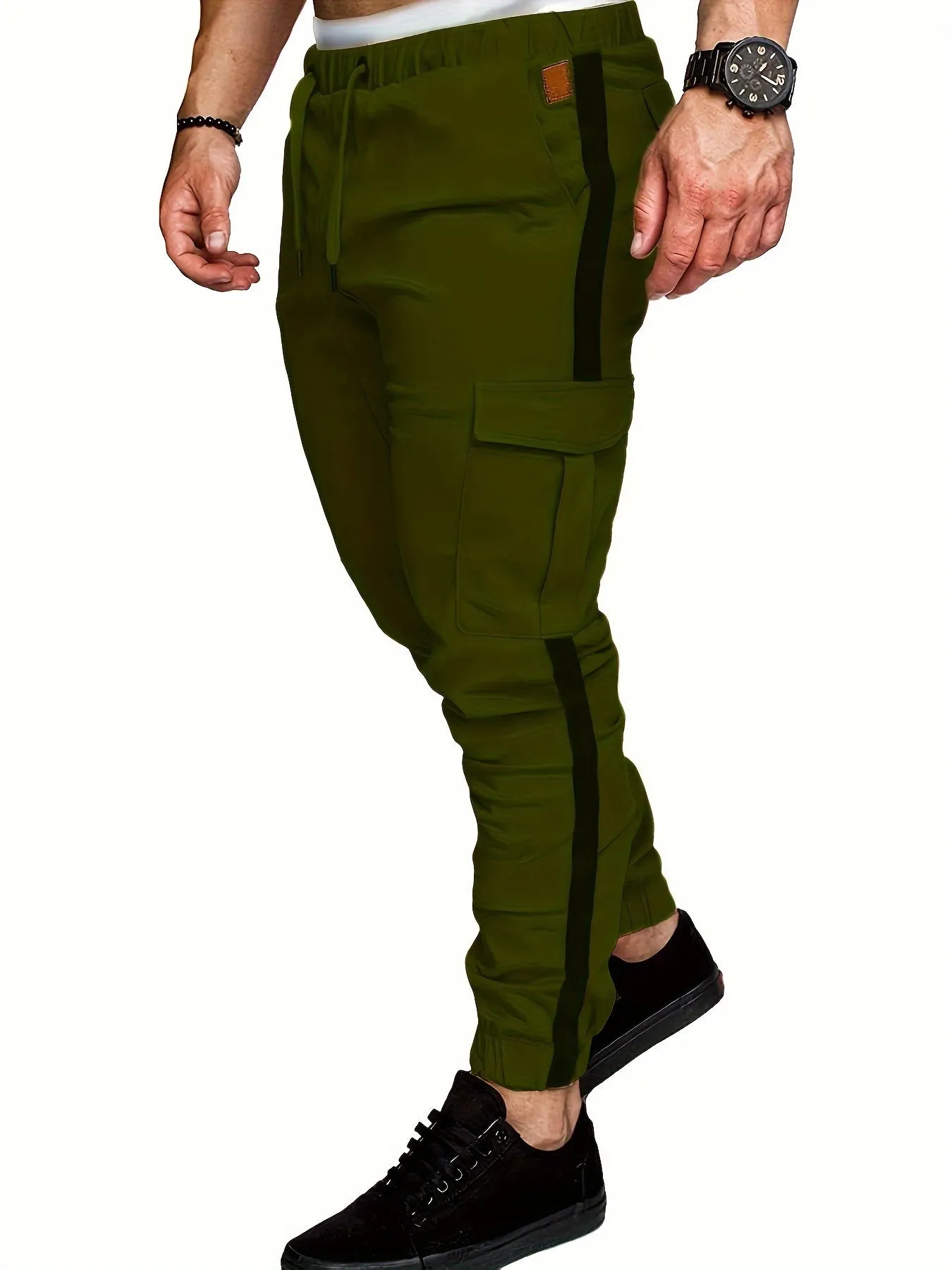 Men's Striped Track Pants With Multi Pockets, Active Drawstring Joggers For Outdoor Activities Gift