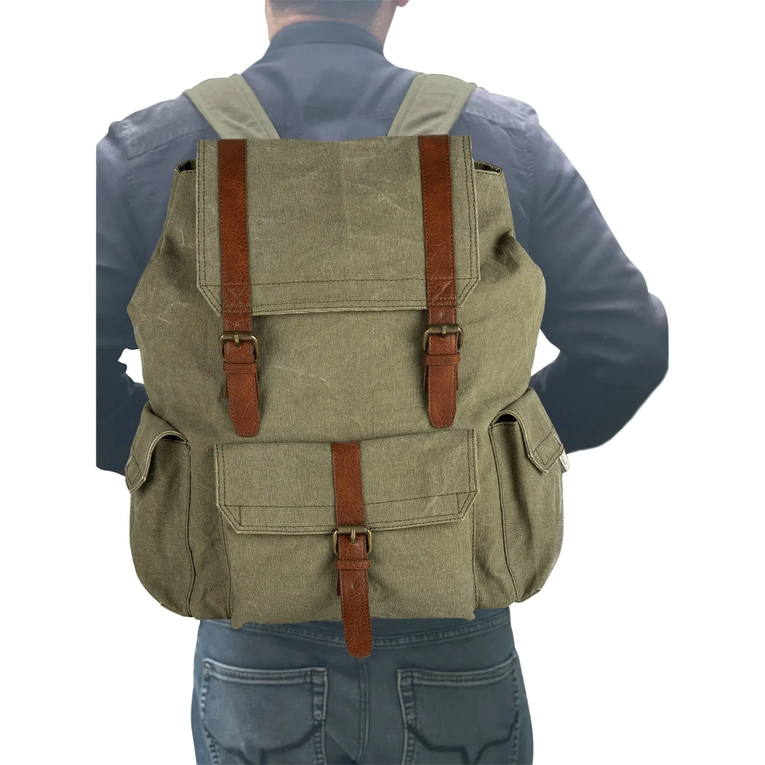 Mona B - moss 100% cotton canvas back pack for offices schools and colleges with 14" laptop sleeve and stylish design
