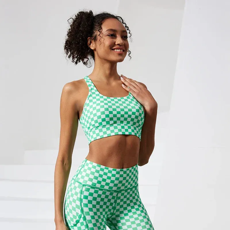 Shockproof Stretchy Plaid Print Nude Nylon Sports Bra for Women