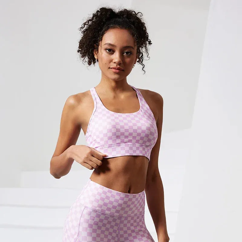 Shockproof Stretchy Plaid Print Nude Nylon Sports Bra for Women