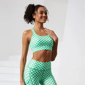 Shockproof Stretchy Plaid Print Nude Nylon Sports Bra for Women