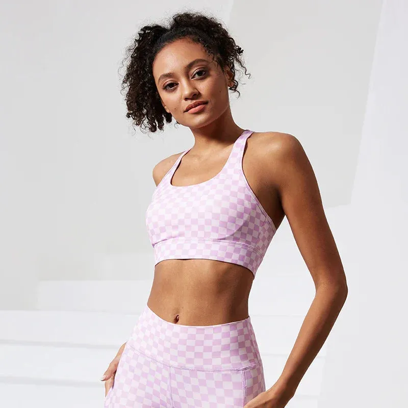 Shockproof Stretchy Plaid Print Nude Nylon Sports Bra for Women