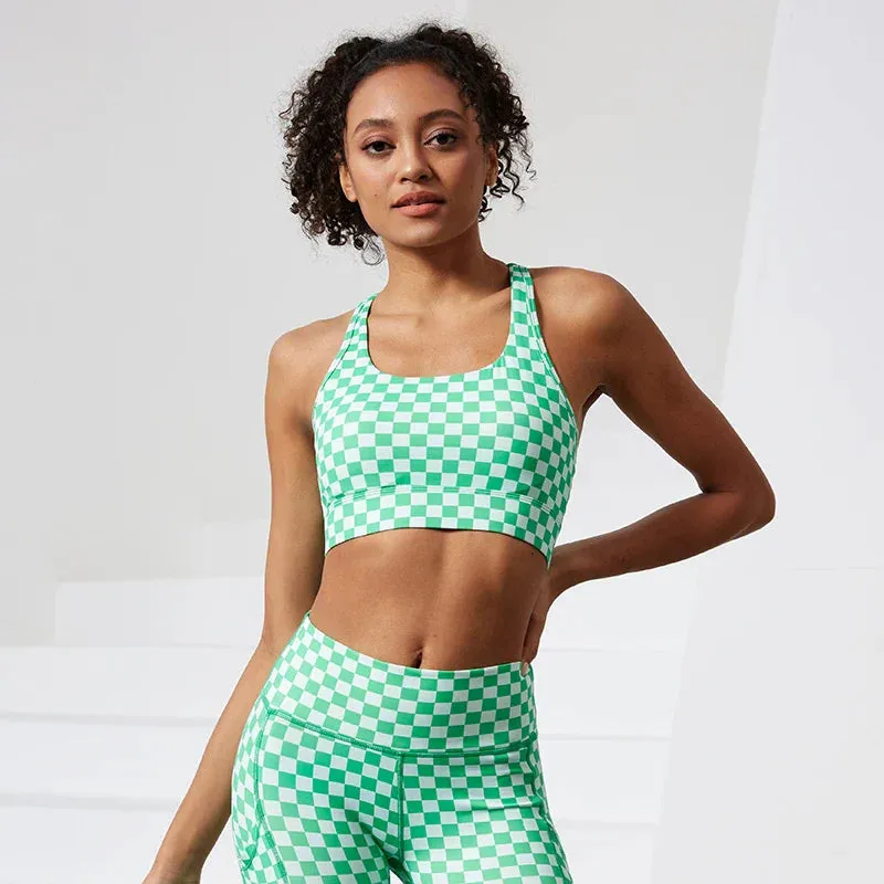 Shockproof Stretchy Plaid Print Nude Nylon Sports Bra for Women