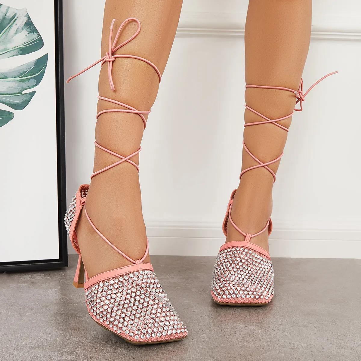 Sohiwoo  Women Rhinestone Square Toe Lace Up Strappy Stiletto Heel Sandals