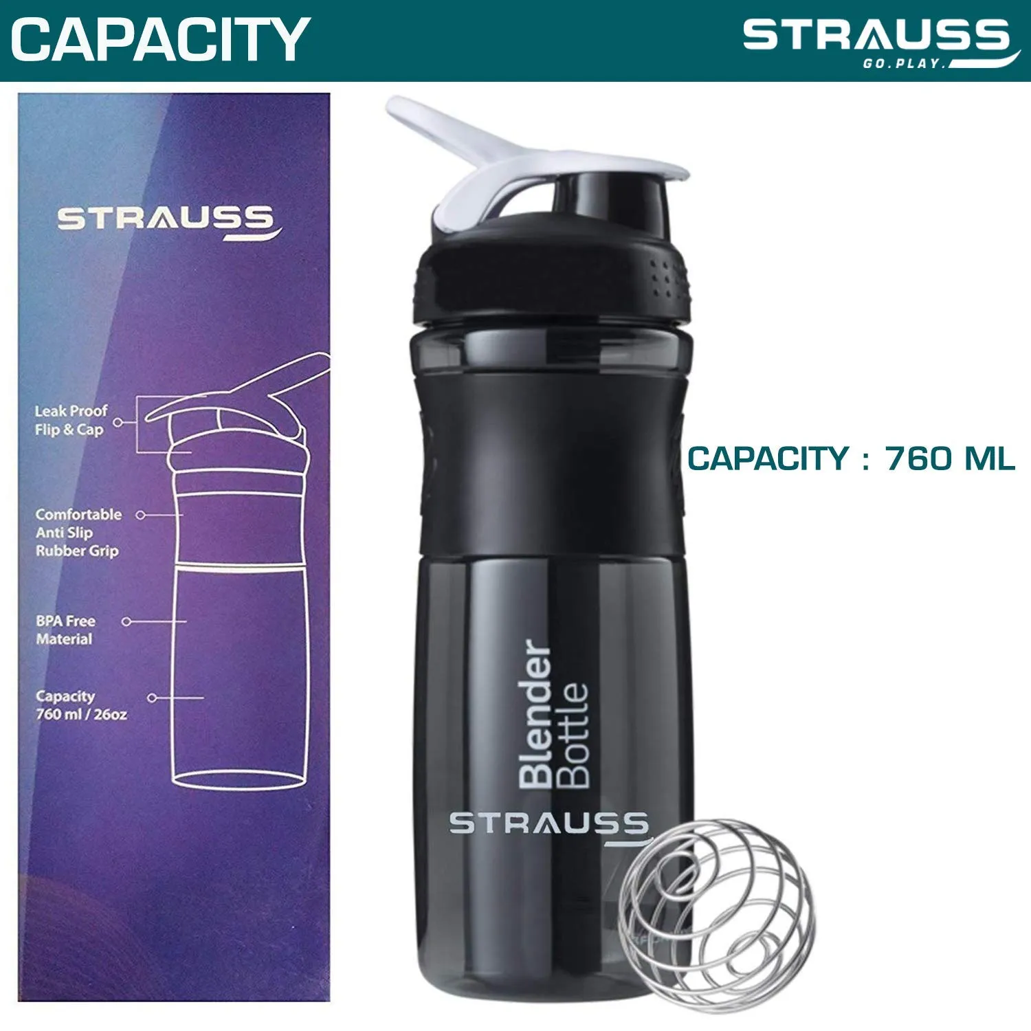 Strauss Blender Shaker Bottle 760ml, (Black) and Wrist Support Pair (Free Size, Black)