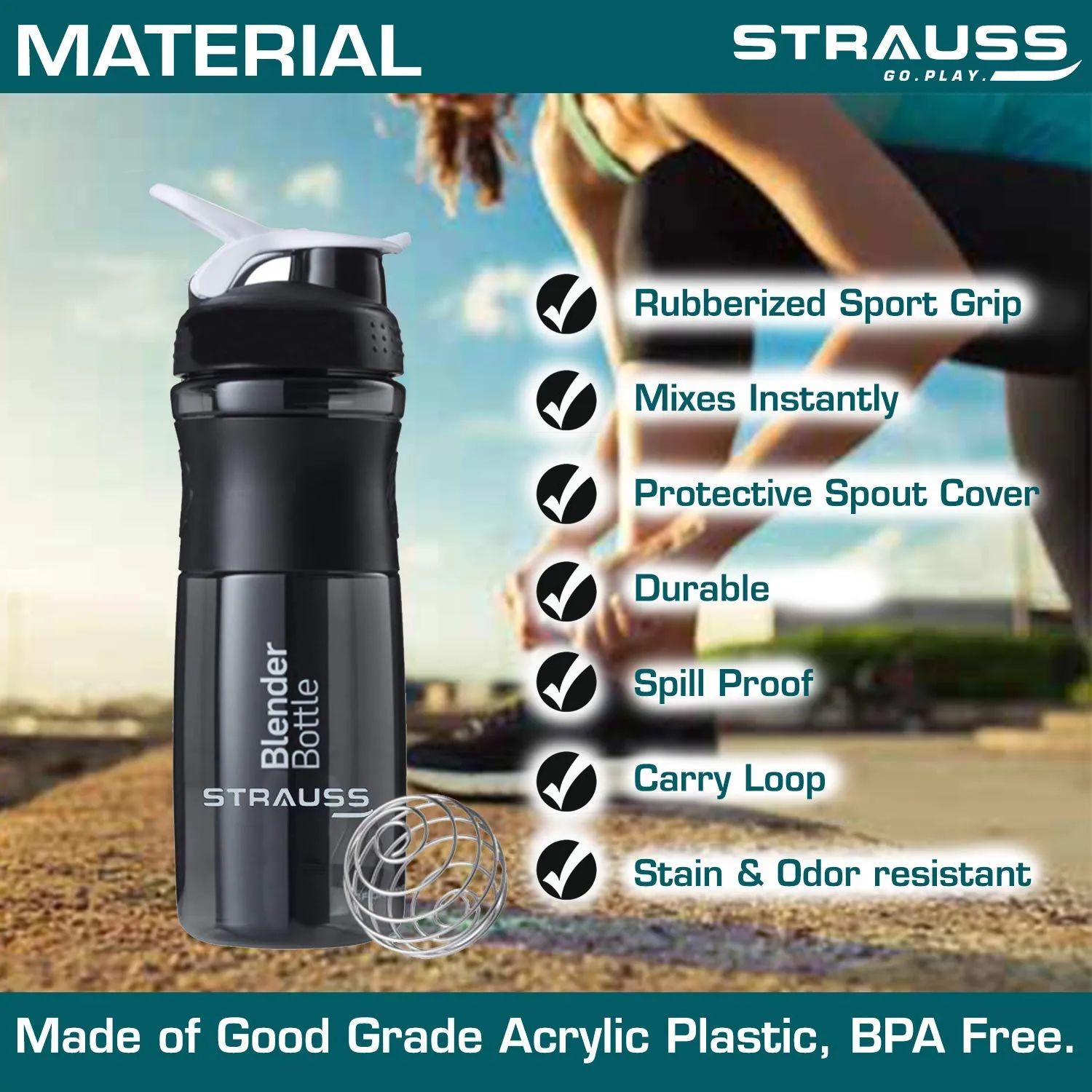 Strauss Blender Shaker Bottle 760ml, (Black) and Wrist Support Pair (Free Size, Black)