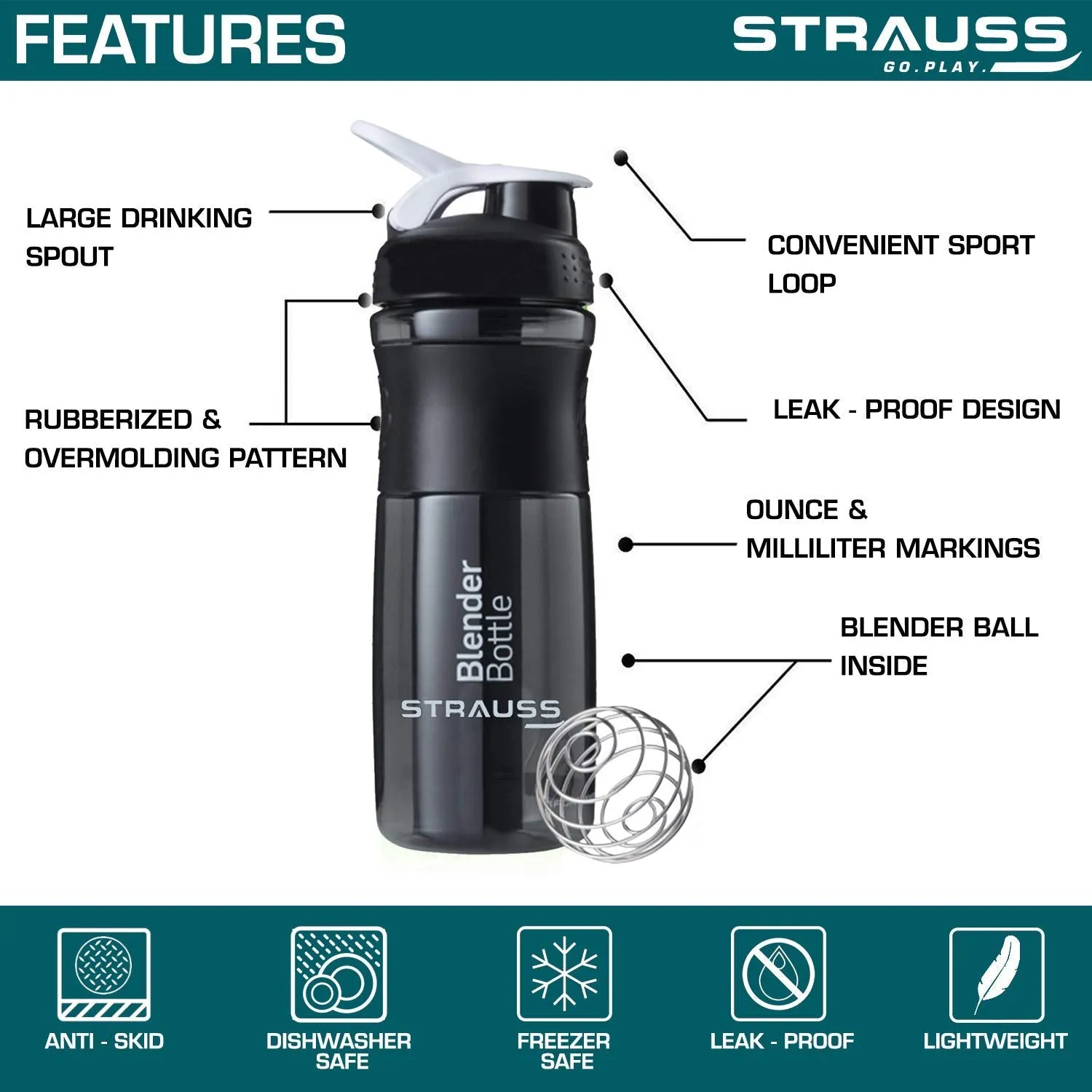 Strauss Blender Shaker Bottle 760ml, (Black) and Wrist Support Pair (Free Size, Black)
