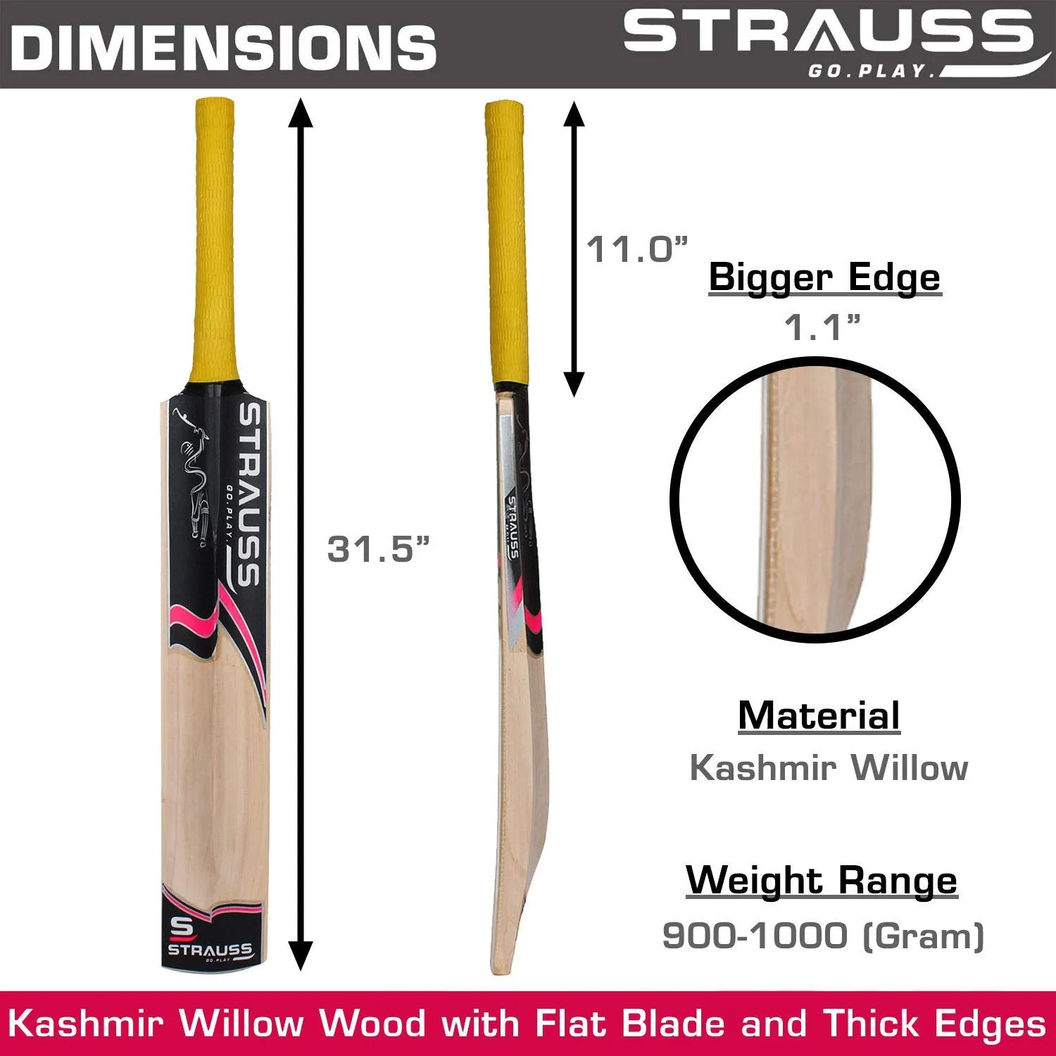 Strauss Cricket Bat | Edition: Stroke | Kashmir Willow | Size: 5 | Tennis & Synthetic Ball Cricket Bat | Tennis Cricket Bat