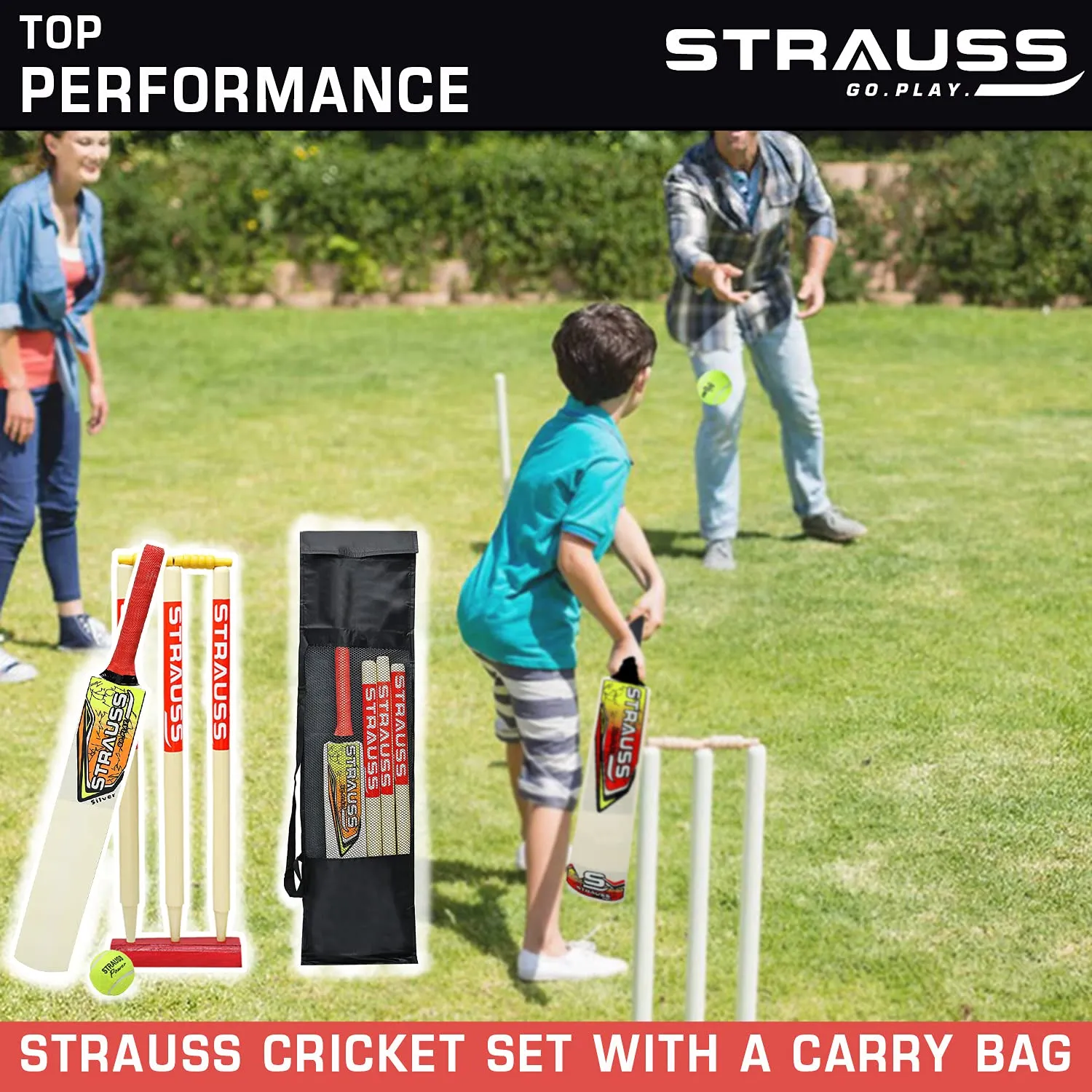 Strauss Cricket Kit, Size- 2 (Popular Willow bat 3 Stumps Holder 1 Ball Carry Bag)