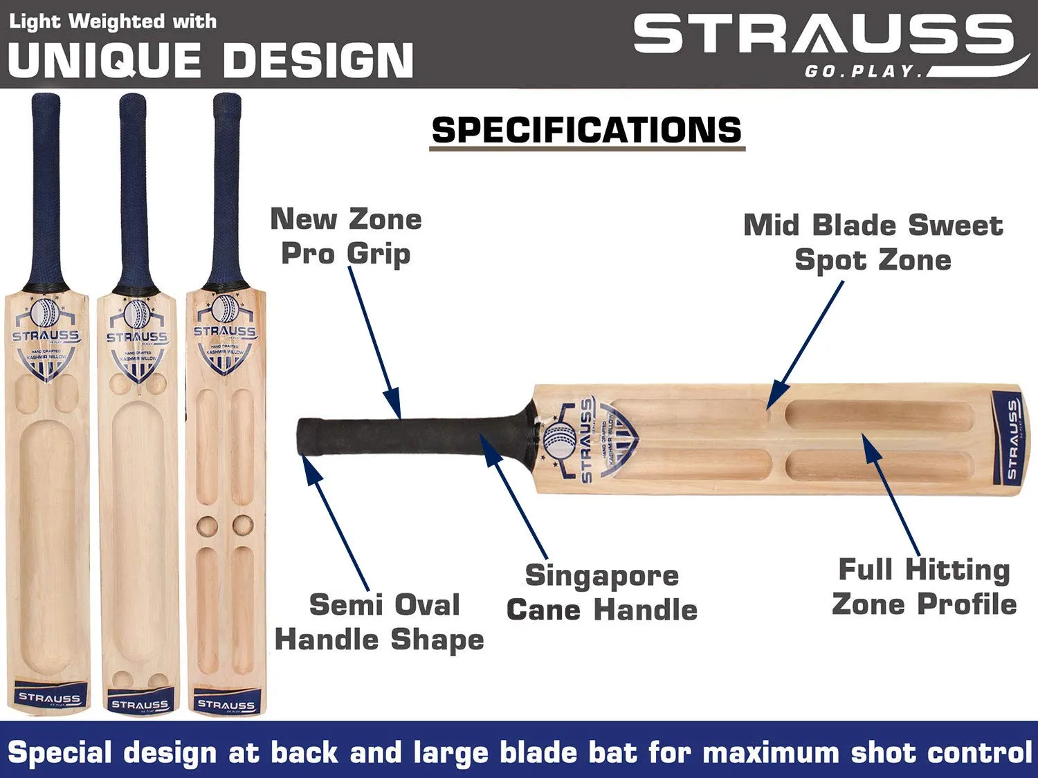 Strauss Kashmir Willow Cricket Bat, (Short Handle) Designer