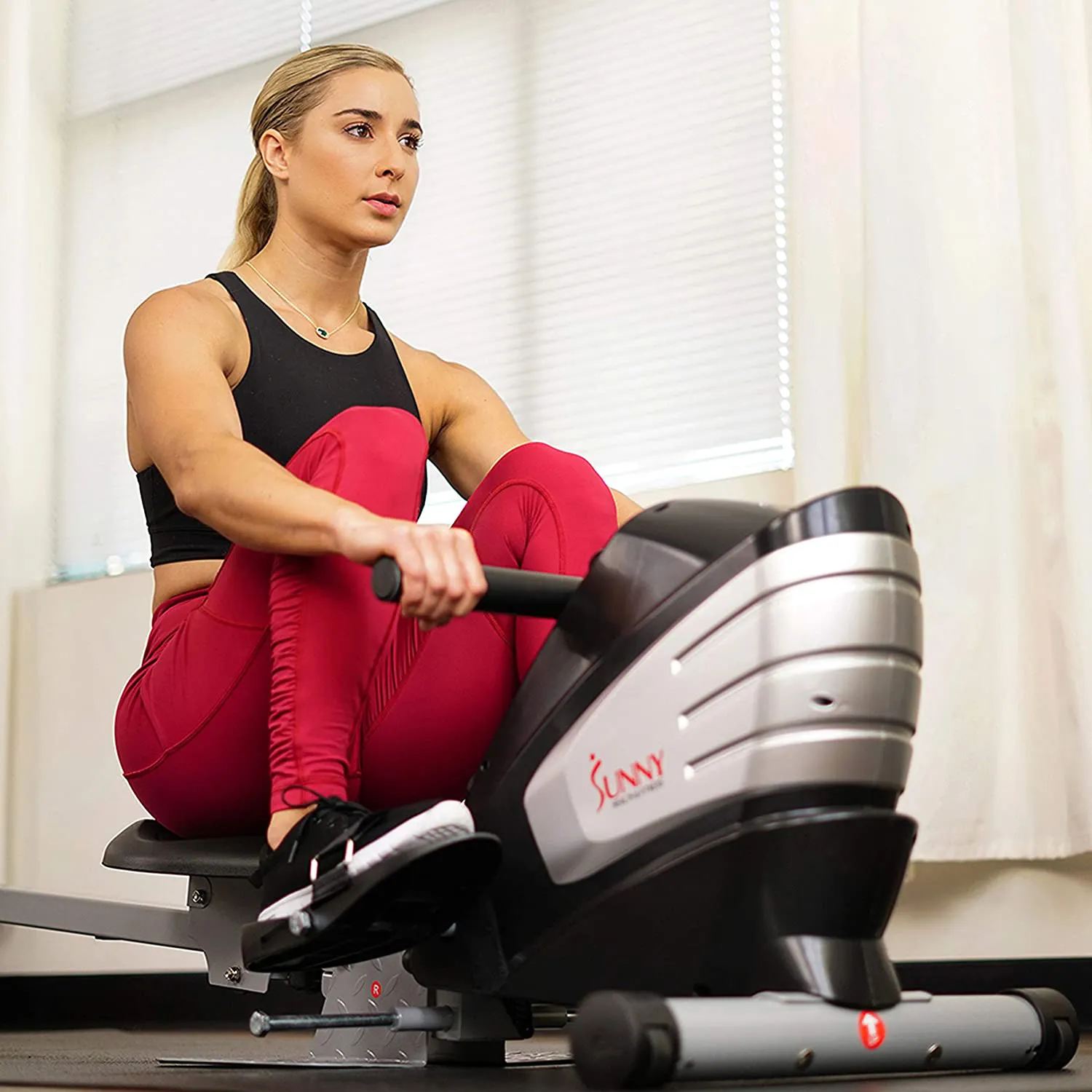 Sunny Health & Fitness Dual Function Magnetic Rowing Machine w/ Digital Monitor, Multi-Exercise Step Plates, 275 LB Max Weight and Foldable - SF-RW5622