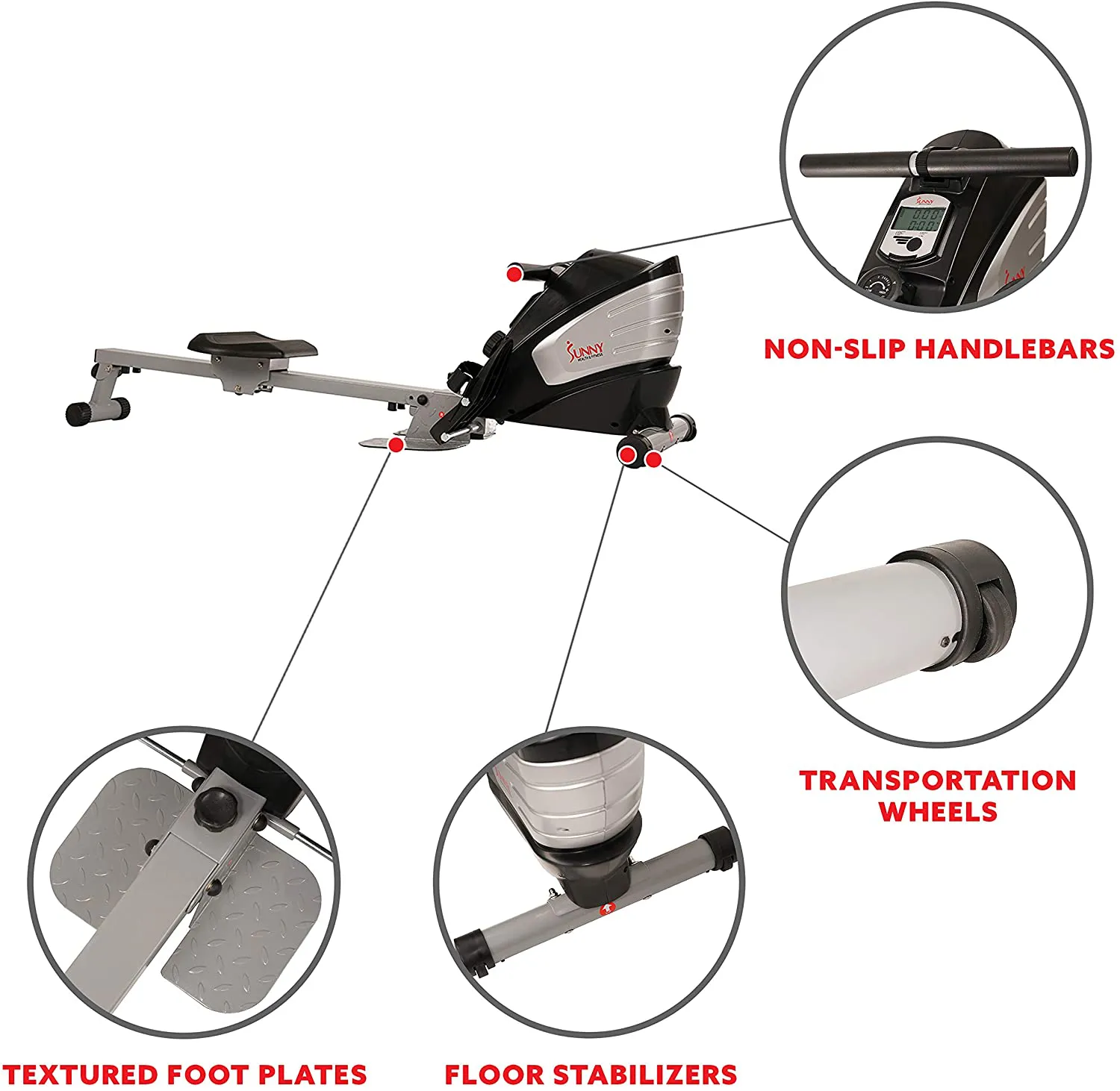 Sunny Health & Fitness Dual Function Magnetic Rowing Machine w/ Digital Monitor, Multi-Exercise Step Plates, 275 LB Max Weight and Foldable - SF-RW5622