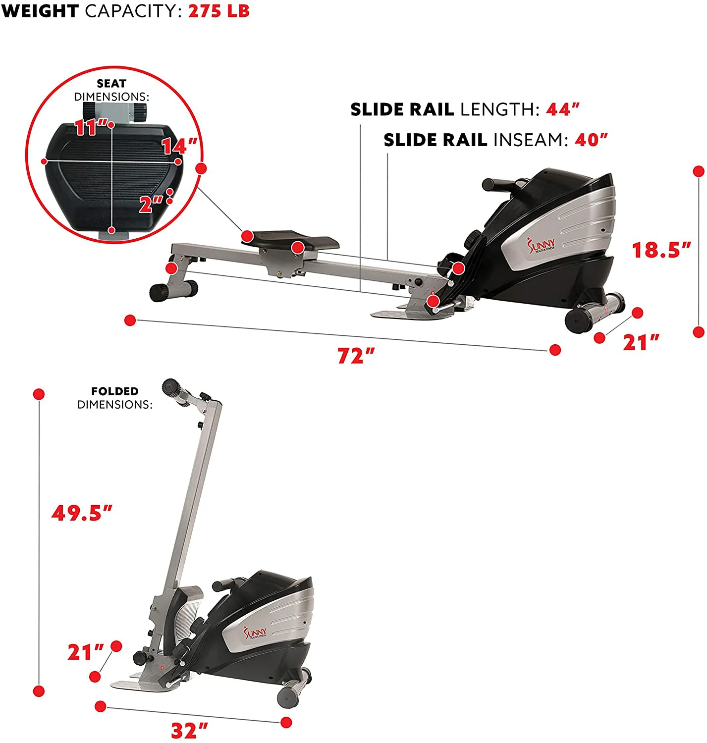 Sunny Health & Fitness Dual Function Magnetic Rowing Machine w/ Digital Monitor, Multi-Exercise Step Plates, 275 LB Max Weight and Foldable - SF-RW5622