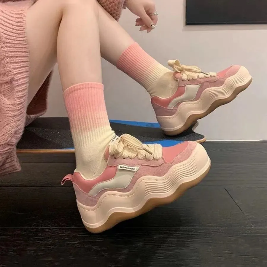 TAVIMART  -  Kawaii Lace Up Shoes for Women 2024 Sneakers High on Platform Pink Sports Woman Footwear Cute Athletic Off White Autumn Fashion