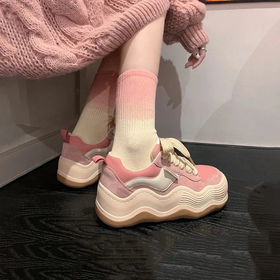 TAVIMART  -  Kawaii Lace Up Shoes for Women 2024 Sneakers High on Platform Pink Sports Woman Footwear Cute Athletic Off White Autumn Fashion