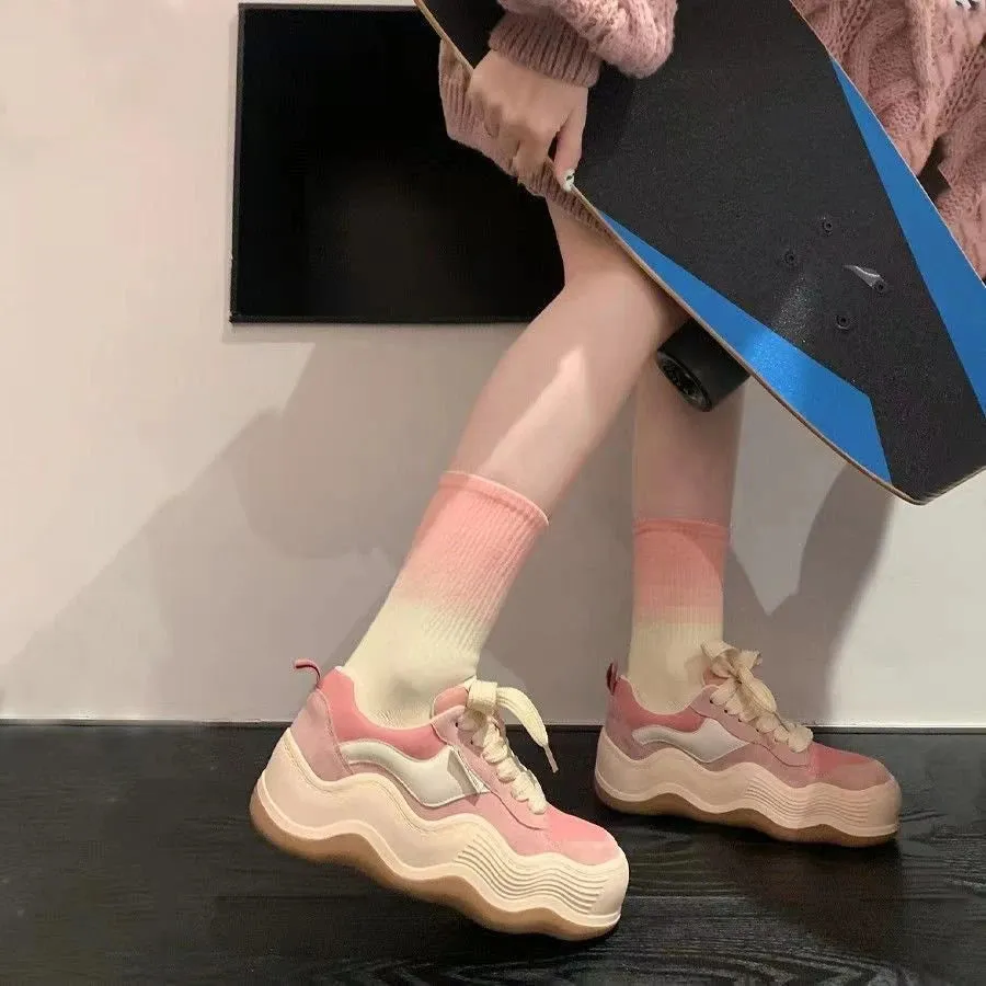 TAVIMART  -  Kawaii Lace Up Shoes for Women 2024 Sneakers High on Platform Pink Sports Woman Footwear Cute Athletic Off White Autumn Fashion