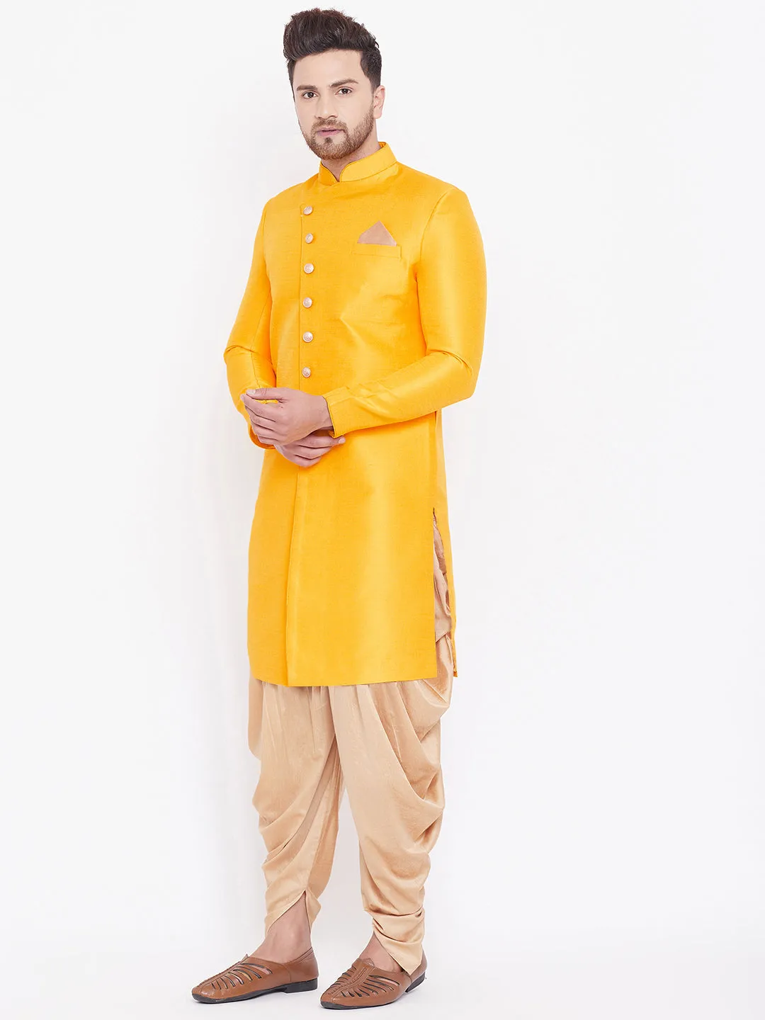 VASTRAMAY Men's Mustard Silk Sherwani Set