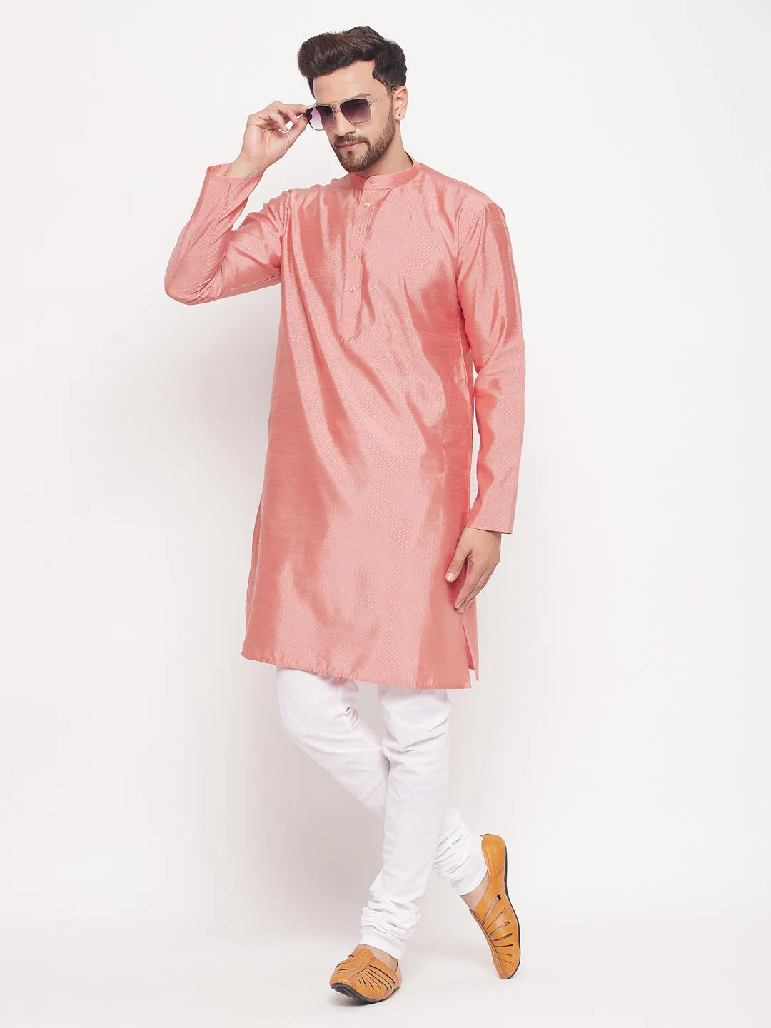 VASTRAMAY Men's Pink Silk Blend Kurta