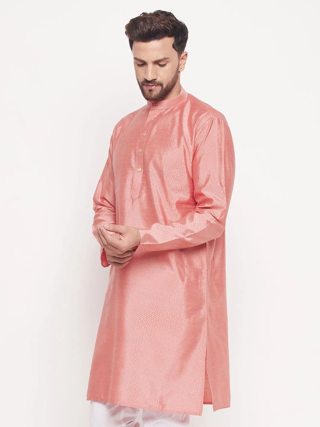 VASTRAMAY Men's Pink Silk Blend Kurta