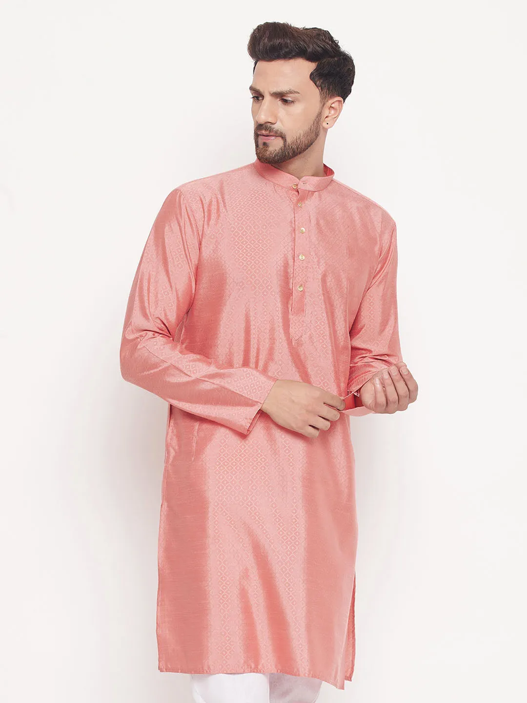 VASTRAMAY Men's Pink Silk Blend Kurta