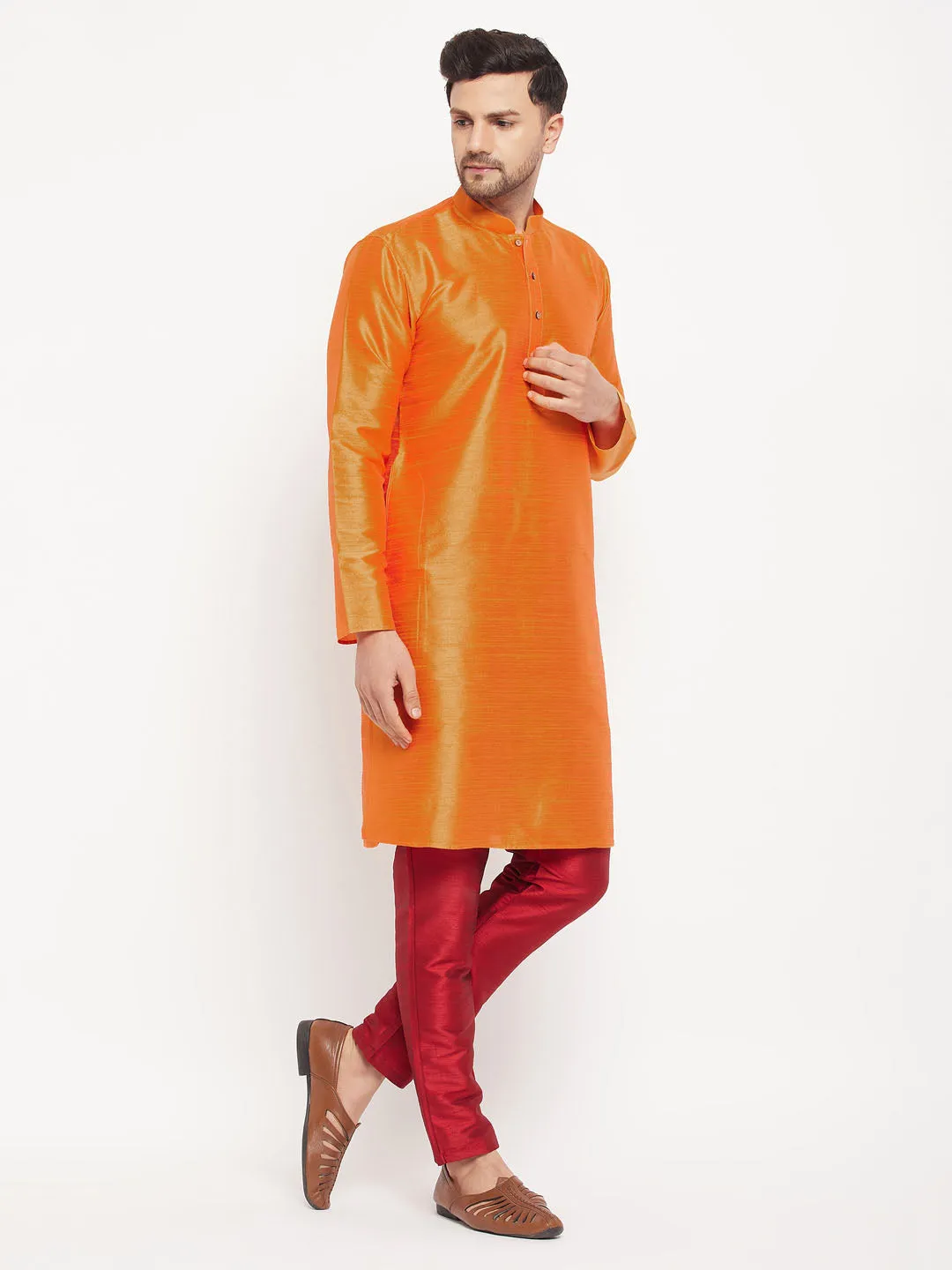 VM BY VASTRAMAY Men's Orange Cotton Silk Blend Kurta