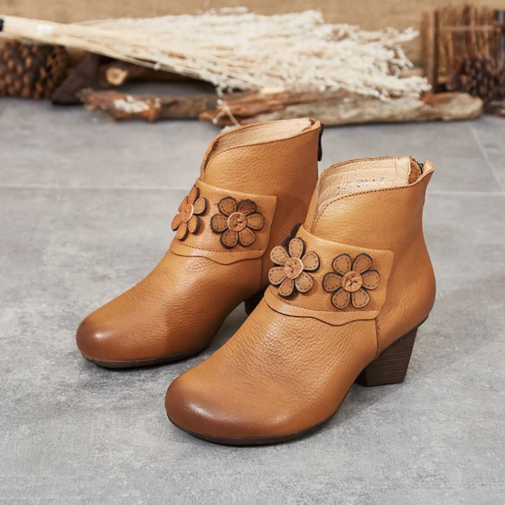 Winter Retro Leather Chunky Boots | Gift Shoes