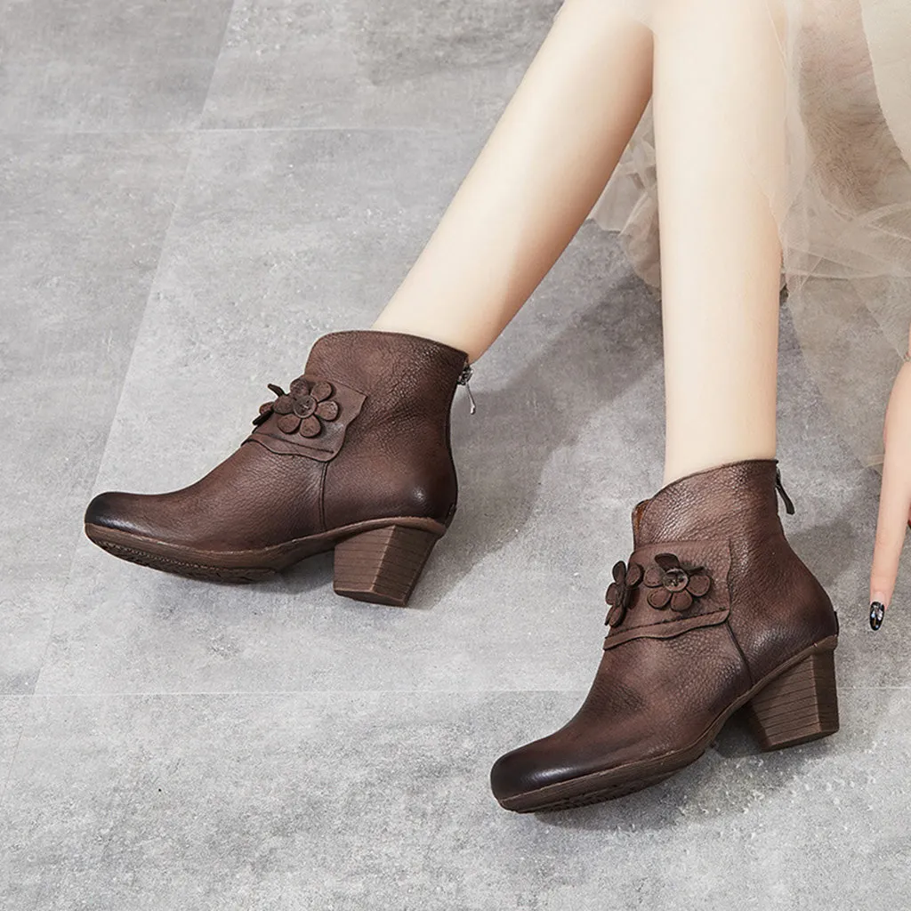 Winter Retro Leather Chunky Boots | Gift Shoes