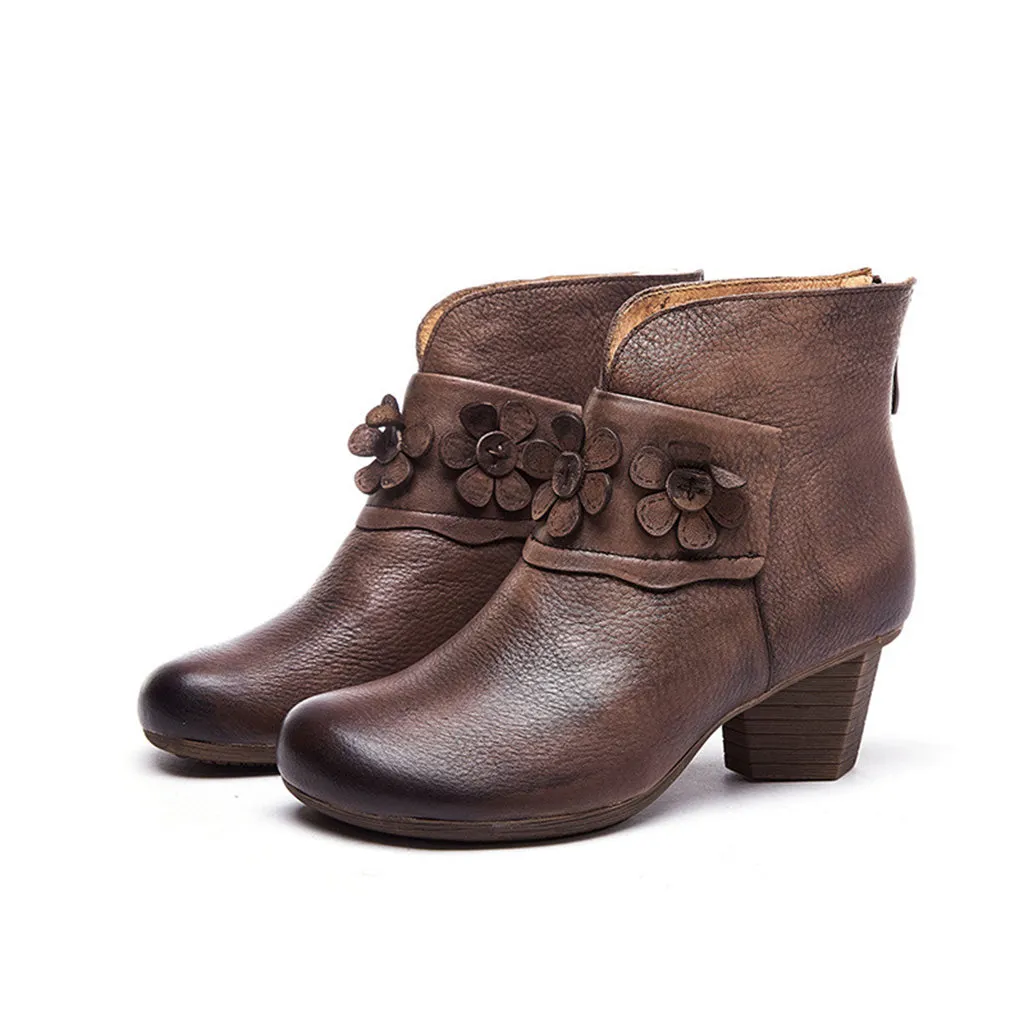 Winter Retro Leather Chunky Boots | Gift Shoes
